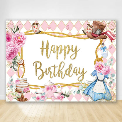 180 x 120cm Pink Flowers Cake Cartoon Birthday Background Cloth Birthday Decoration Banner Hanging Flags by buy2fix