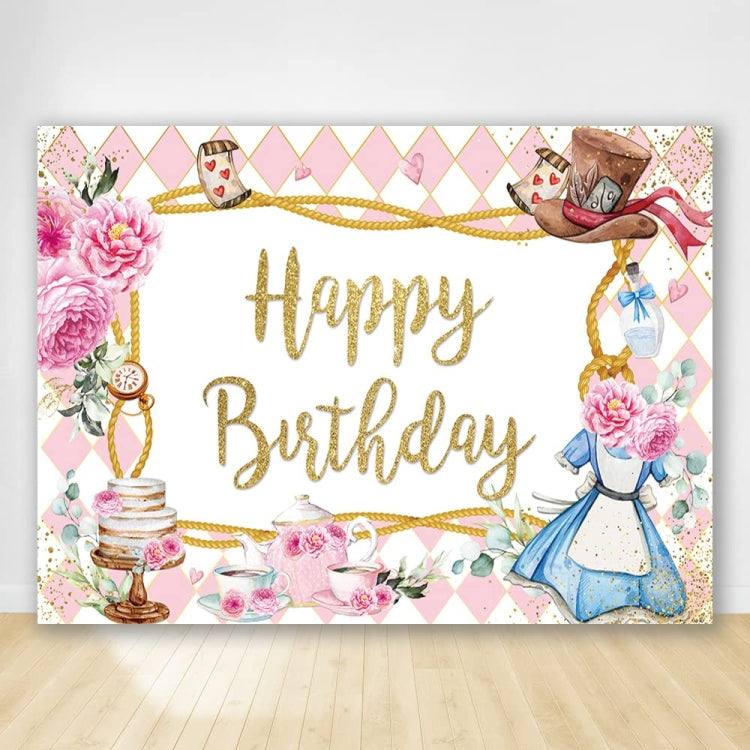 150 x 100cm Pink Flowers Cake Cartoon Birthday Background Cloth Birthday Decoration Banner Hanging Flags by buy2fix