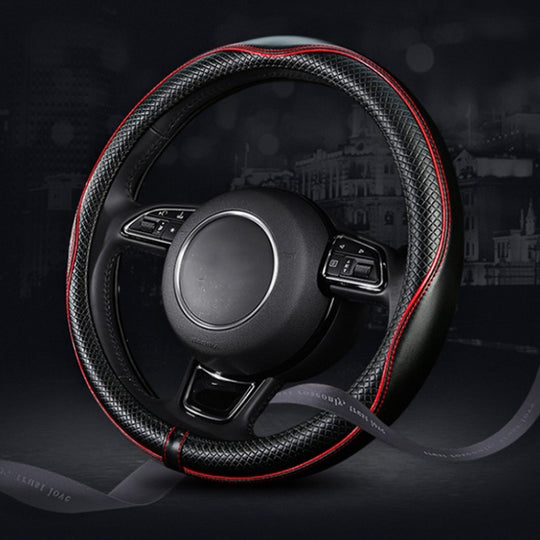 38cm Car Embossed Leather Steering Wheel Cover, Color: Black Red
