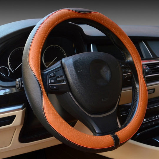 38cm Car Embossed Leather Steering Wheel Cover, Color: Black Light Coffee