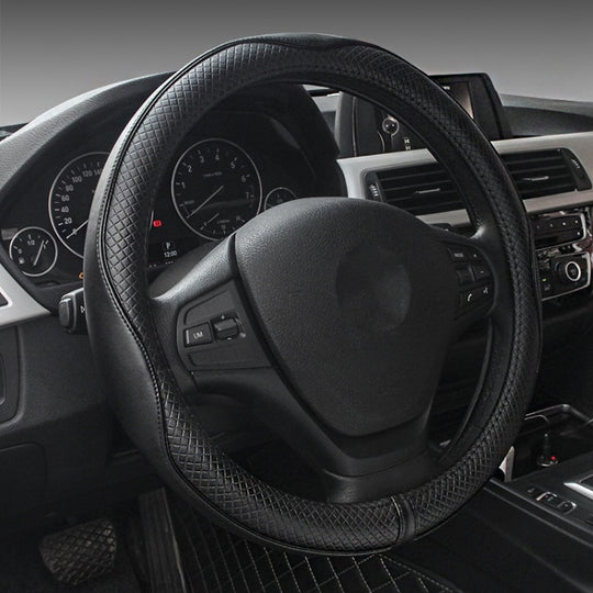 38cm Car Embossed Leather Steering Wheel Cover, Color: All Black