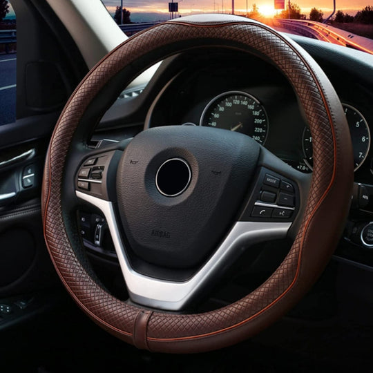 38cm Car Embossed Leather Steering Wheel Cover, Color: All Coffee