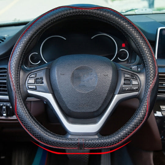 38cm Car Embossed Leather Steering Wheel Cover, Color: D Type Black Red