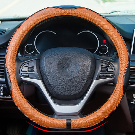 38cm Car Embossed Leather Steering Wheel Cover, Color: D Type Black Light Coffee