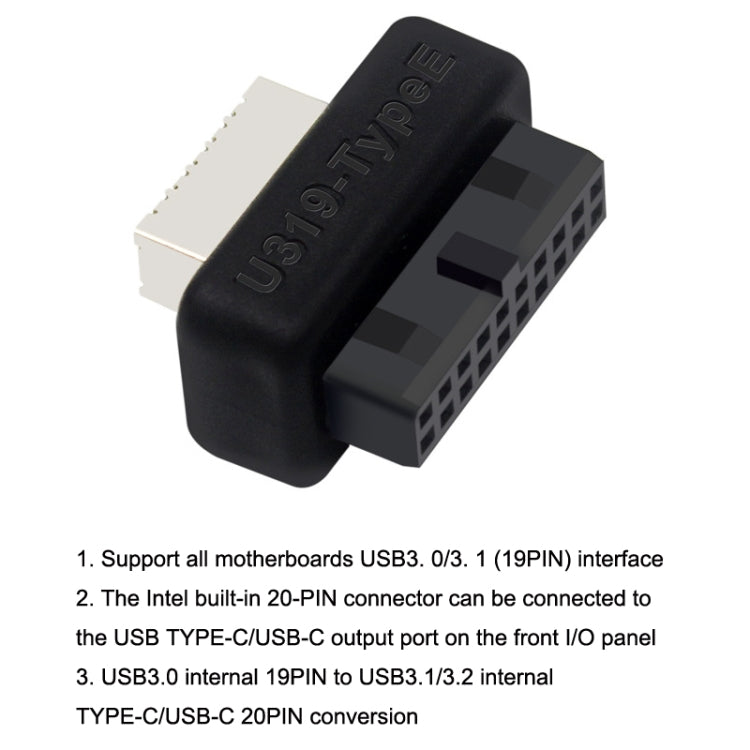 2pcs Mainboard USB3 19P/20P to TYPE-E Adapter Chassis Front TYPE-C/USB-C Plug Port(Black) by buy2fix