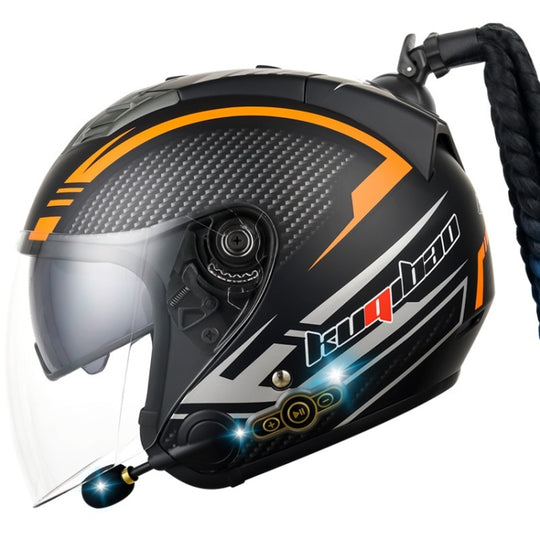 KUQIBAO Motorcycle Bluetooth Headset Double Lens Helmet With Braid, Size: M(Fruits Black Phantom Fiber)