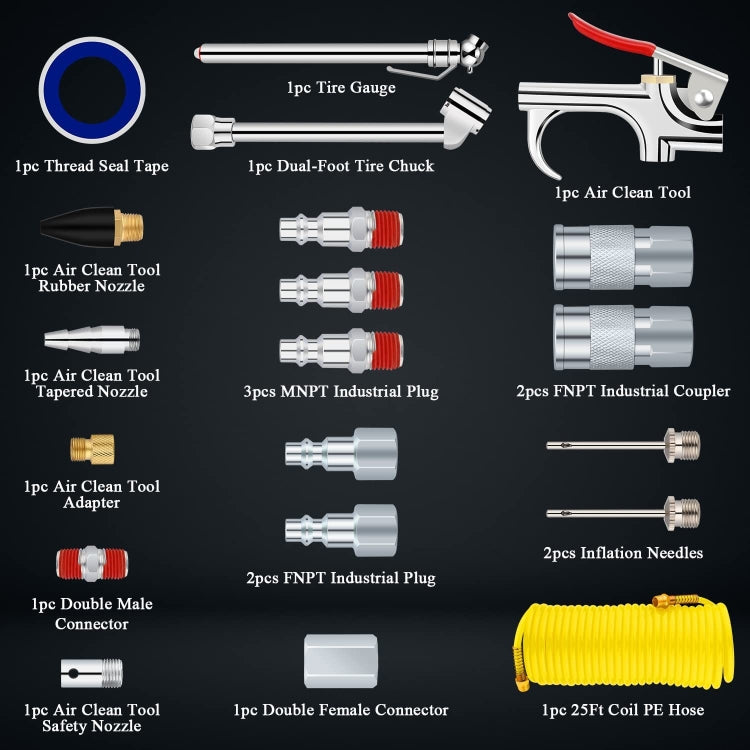 20 In 1 Air Compressor Kit 1/4 Inch NPT Air Tool Kit With 7.5m Coil Nylon Hose - Engine Fittings by buy2fix | Online Shopping UK | buy2fix