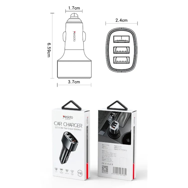 Yesido Y46 42W 3 USB Port Car Fast Charger(Black) - Car Charger by Yesido | Online Shopping UK | buy2fix