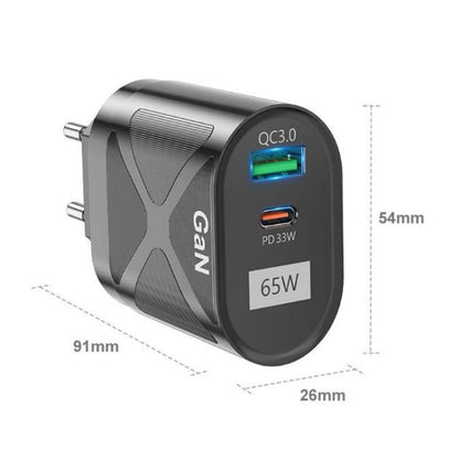 65W GAN PD + QC3.0 Fast Charger Phone Notebook Computer Universal Charging Head, Plug: AU Plug Black by buy2fix