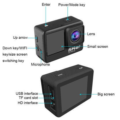 5K/30FPS WIFI HD Anti-Shake Remote Touch Dual-Screen IP68 Waterproof Sports Camera, Style: Black by buy2fix