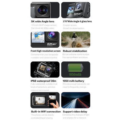 5K/30FPS WIFI HD Anti-Shake Remote Touch Dual-Screen IP68 Waterproof Sports Camera, Style: Black by buy2fix