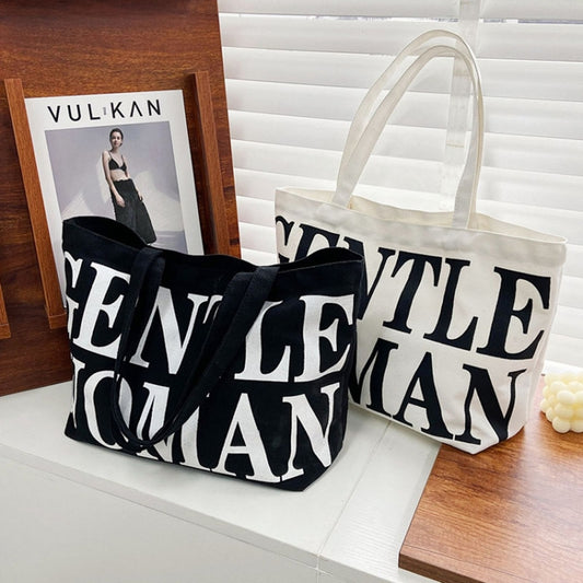 Women Printed Letter Canvas Bag Single Shoulder Tote Bag(Black) - Single-shoulder Bags by buy2fix | Online Shopping UK | buy2fix