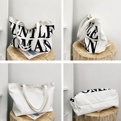 Women Printed Letter Canvas Bag Single Shoulder Tote Bag(Black) - Single-shoulder Bags by buy2fix | Online Shopping UK | buy2fix