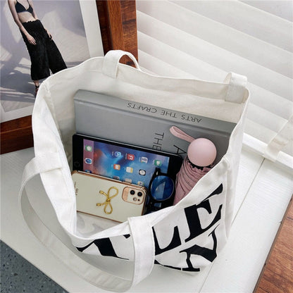 Women Printed Letter Canvas Bag Single Shoulder Tote Bag(Black) - Single-shoulder Bags by buy2fix | Online Shopping UK | buy2fix