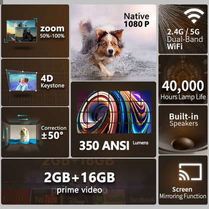 Home HD Projector 1080P Bluetooth WIFI Mobile Phone Smart Projector, Specification: US Plug(2+16G) - LED Projector by buy2fix | Online Shopping UK | buy2fix