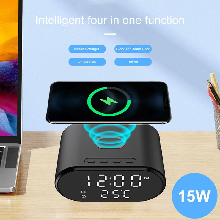 15W LED Mirror Wireless Charger Desktop Multifunctional Mini Clock(Black) by buy2fix