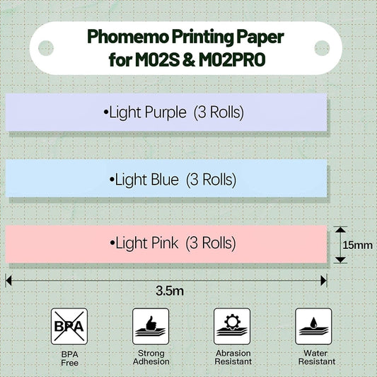 For Phomemo M02S / M02 Pro 9rolls /Pack 15mm Purple/Light Blue/Light Pink Bottom Self-adhesive Thermal Paper - Printing Paper by Phomemo | Online Shopping UK | buy2fix