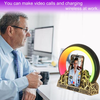 Flame Mountain Ambient Light Wireless Charger Smart Alarm Clock Bluetooth Speaker with Wake-up Function(Black) by buy2fix