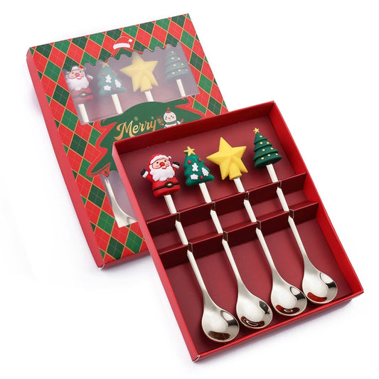 4pcs /Pack Christmas Cartoon Doll Stainless Steel Tableware, Style: D Spoon(Silver+Red Box) - Cutlery Sets by buy2fix | Online Shopping UK | buy2fix