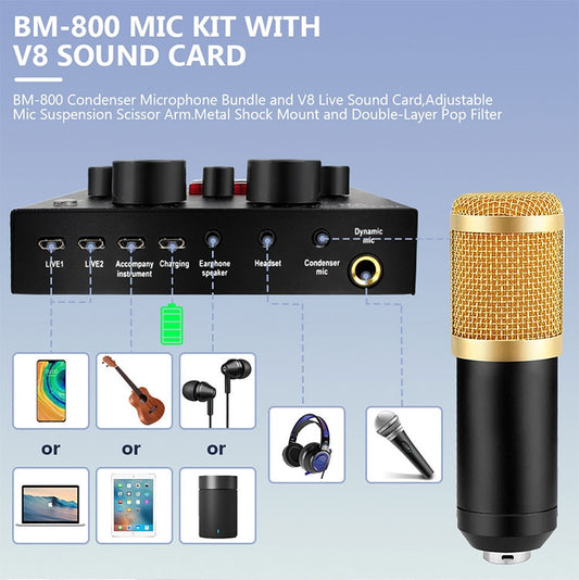 BM800+V8 Sound Card Set Audio Condenser Mic Studio Singing Microphone - Microphone Audio Cable & Connector by buy2fix | Online Shopping UK | buy2fix