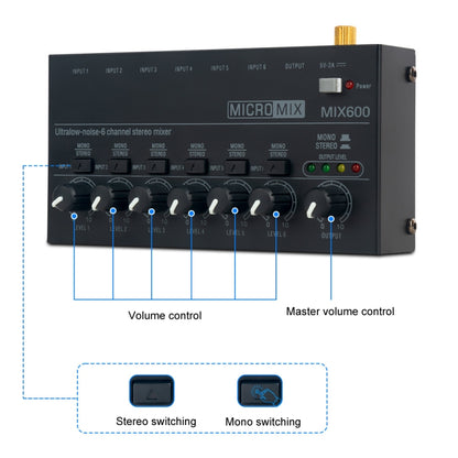 Ultra-Compact Low-Noise 6 Channel Stereo Audio Mixer, US Plug(MIX600) - Live Sound Effects Processors by buy2fix | Online Shopping UK | buy2fix