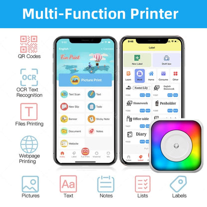 RGB Light Portable Mini Bluetooth Printer Inkless Document Label Printer with 5 Paper+5 Stickers+3 Color Paper - Receipt Printers by buy2fix | Online Shopping UK | buy2fix