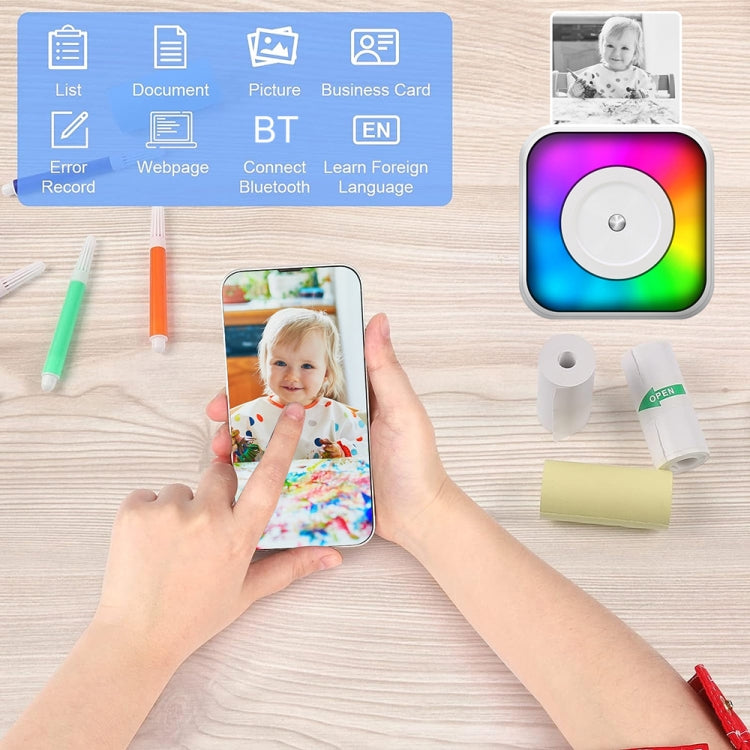 RGB Light Portable Mini Bluetooth Printer Inkless Document Label Printer with 5 Paper+5 Stickers+3 Color Paper - Receipt Printers by buy2fix | Online Shopping UK | buy2fix
