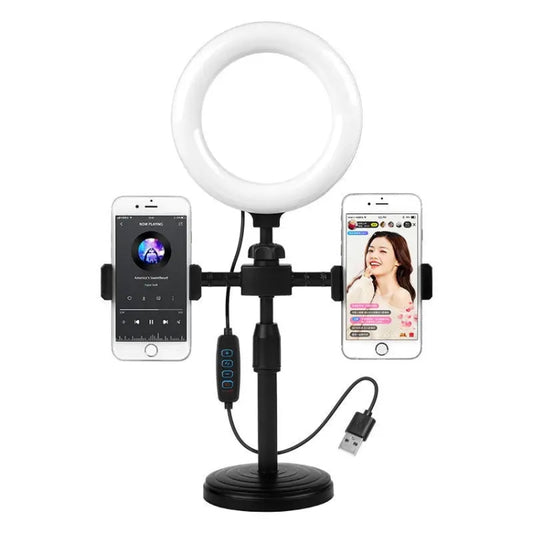 Double-machine Position Round Plate Desktop Cell Phone Live Streaming Holder 6 inch Fill Light Selfie Portable Holder - Stand by buy2fix | Online Shopping UK | buy2fix