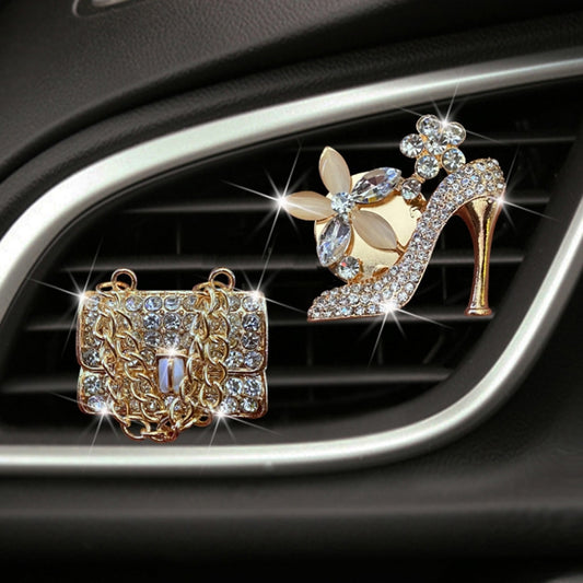 2pcs/Set Car Air Outlet Diamond-Encrusted Decoration Aromatherapy Clip, Color: Golden Bag+Gold High Heels by buy2fix