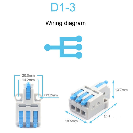 5pcs D1-3 Push Type Mini Wire Connection Splitter Quick Connect Terminal Block(Blue) - Connectors & Terminals by buy2fix | Online Shopping UK | buy2fix