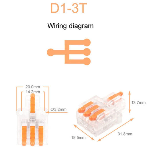 5pcs D1-3T Push Type Mini Wire Connection Splitter Quick Connect Terminal Block(Orange) - Connectors & Terminals by buy2fix | Online Shopping UK | buy2fix
