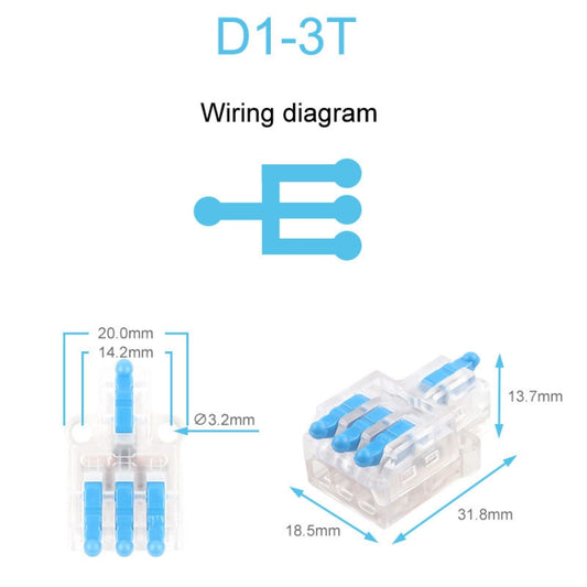 5pcs D1-3T Push Type Mini Wire Connection Splitter Quick Connect Terminal Block(Blue) - Connectors & Terminals by buy2fix | Online Shopping UK | buy2fix