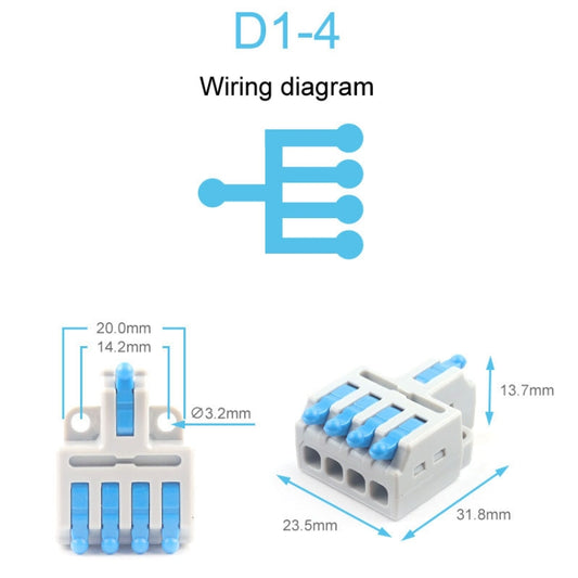 5pcs D1-4 Push Type Mini Wire Connection Splitter Quick Connect Terminal Block(Blue) - Connectors & Terminals by buy2fix | Online Shopping UK | buy2fix