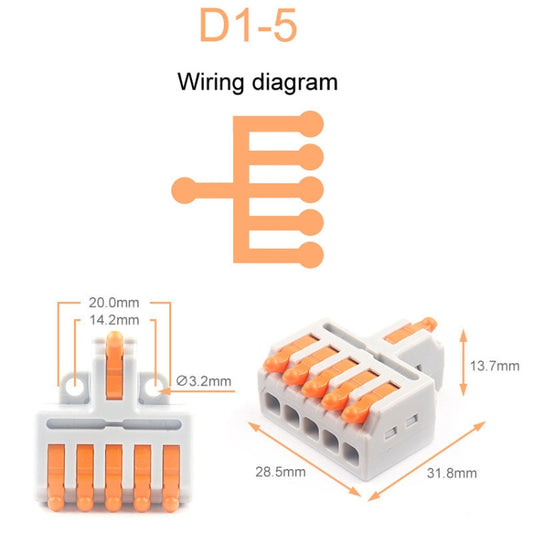 5pcs D1-5 Push Type Mini Wire Connection Splitter Quick Connect Terminal Block(Orange) - Connectors & Terminals by buy2fix | Online Shopping UK | buy2fix