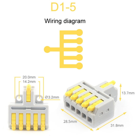 5pcs D1-5 Push Type Mini Wire Connection Splitter Quick Connect Terminal Block(Yellow) - Connectors & Terminals by buy2fix | Online Shopping UK | buy2fix