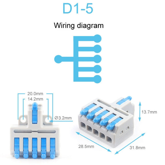 5pcs D1-5 Push Type Mini Wire Connection Splitter Quick Connect Terminal Block(Blue) - Connectors & Terminals by buy2fix | Online Shopping UK | buy2fix
