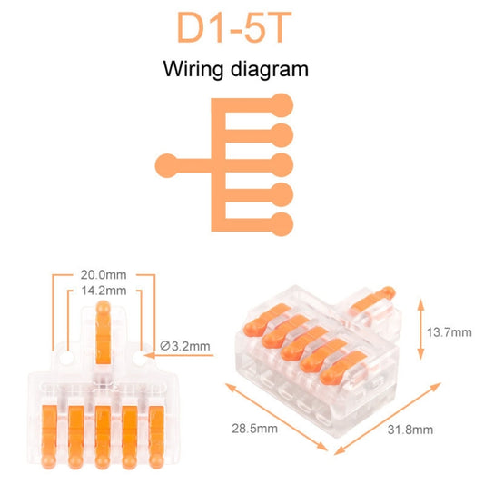 5pcs D1-5T Push Type Mini Wire Connection Splitter Quick Connect Terminal Block(Orange) - Connectors & Terminals by buy2fix | Online Shopping UK | buy2fix
