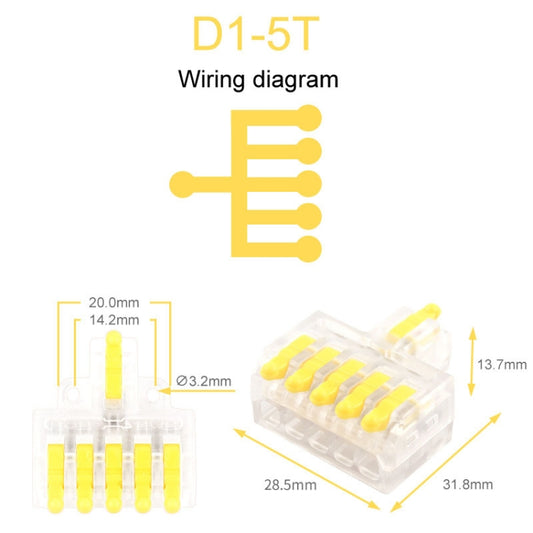 5pcs D1-5T Push Type Mini Wire Connection Splitter Quick Connect Terminal Block(Yellow) - Connectors & Terminals by buy2fix | Online Shopping UK | buy2fix