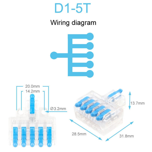5pcs D1-5T Push Type Mini Wire Connection Splitter Quick Connect Terminal Block(Blue) - Connectors & Terminals by buy2fix | Online Shopping UK | buy2fix