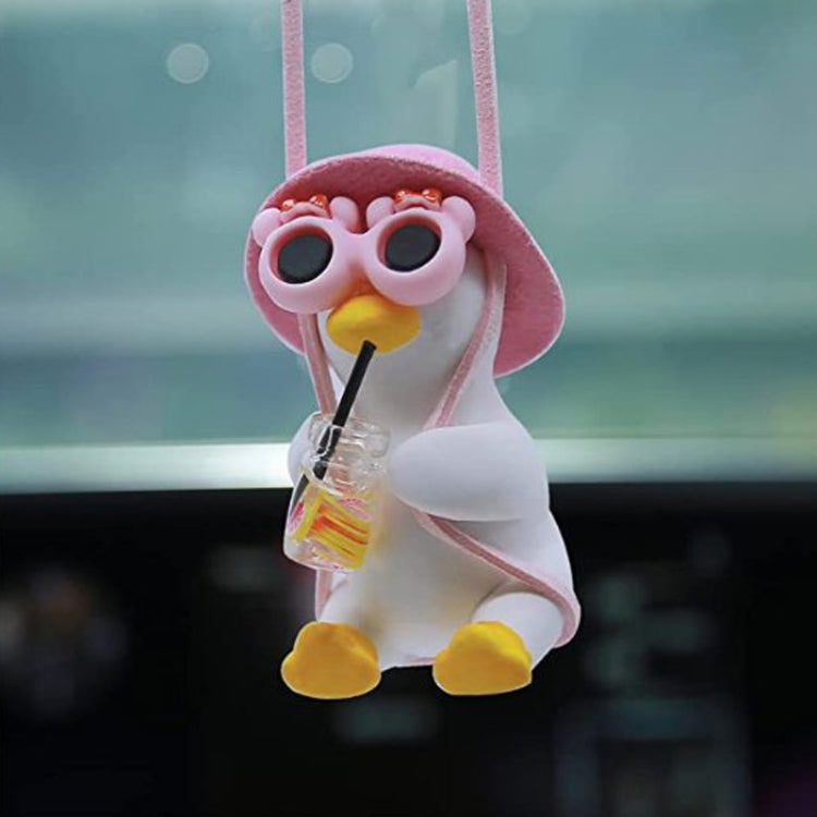 Car Cartoon Duck Rear View Mirror Interior Pendant(Drink Glasses Pink Hat Duck) by buy2fix