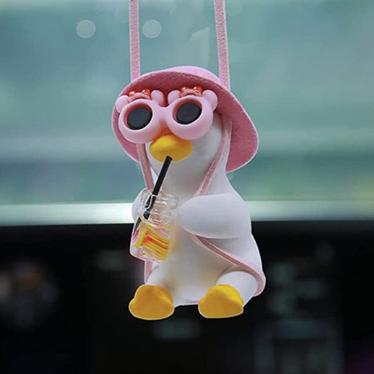 Car Cartoon Duck Rear View Mirror Interior Pendant(Drink Glasses Pink Hat Duck) by buy2fix