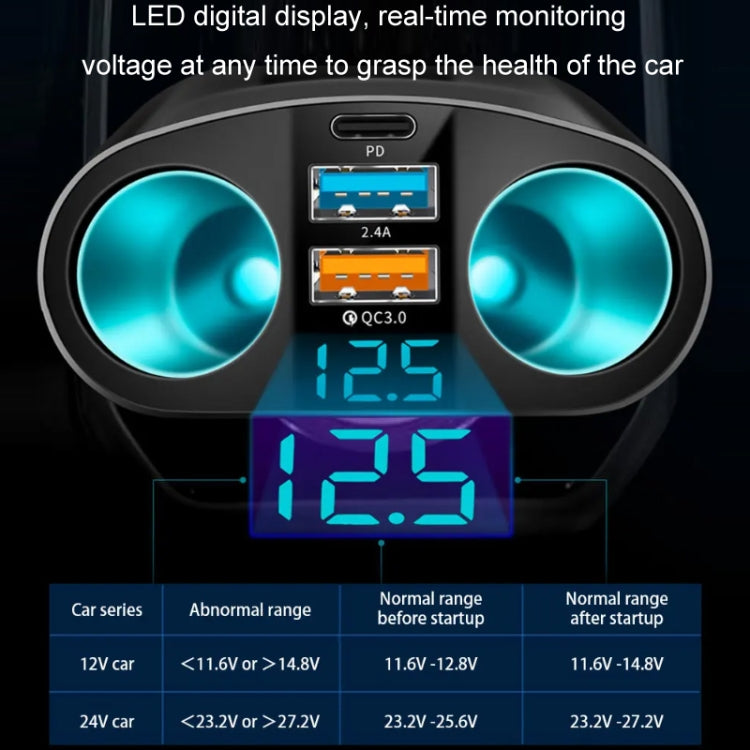 Dual USB Type-C Real-time Digital Display Cigarette Lighter Expansion Car Charger, Model: 66W Dual A+C - Car Charger by buy2fix | Online Shopping UK | buy2fix