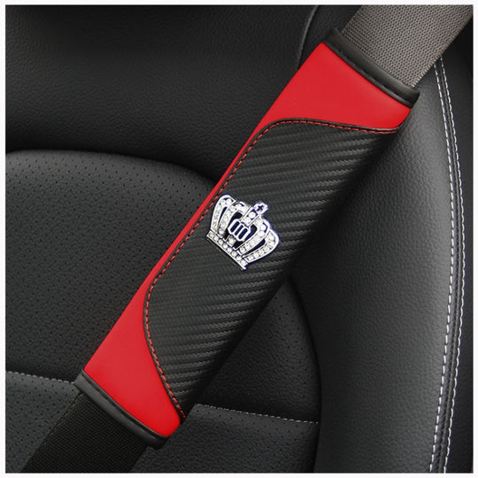 Car Seat Belt Cover Carbon Fiber Leather Auto Seat Shoulder Protection, Style: Crown Red