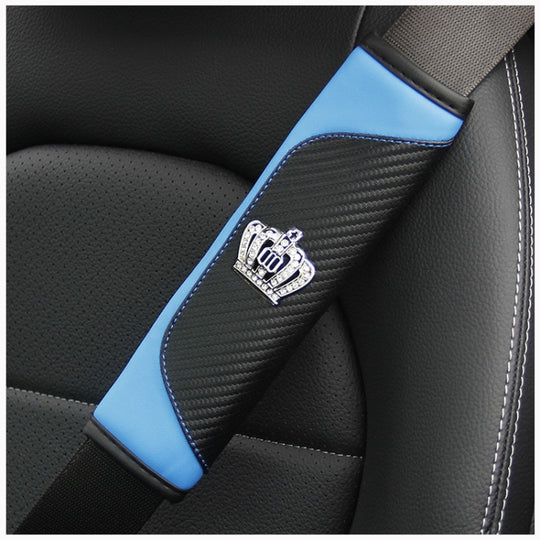 Car Seat Belt Cover Carbon Fiber Leather Auto Seat Shoulder Protection, Style: Crown Black Blue