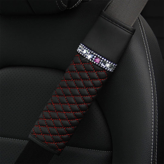Car Leather Seat Belt Cover Shoulder Pads with Bling Diamonds 6.5x23cm(Black and Red)