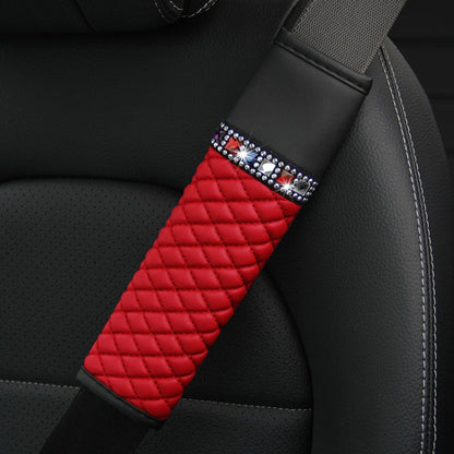 Car Leather Seat Belt Cover Shoulder Pads with Bling Diamonds 6.5x23cm(Red) by buy2fix
