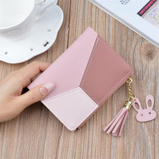 Short Leather Women Zipper Purse Panelled Wallets Trendy Coin Purse(Pink) - Wallets by buy2fix | Online Shopping UK | buy2fix
