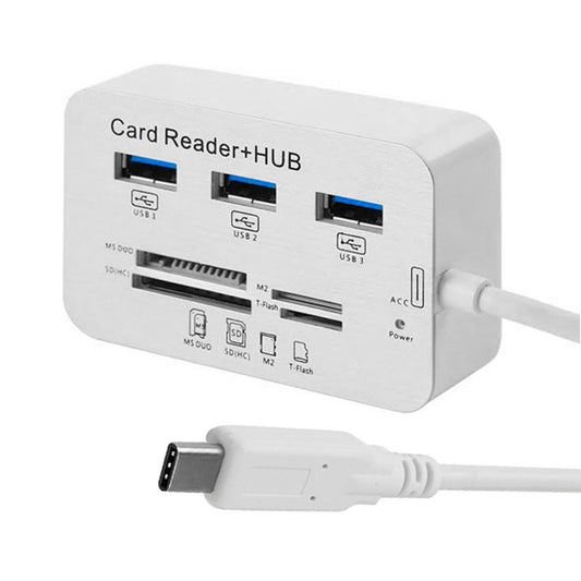 USB 3.1 Type-C COMBO 3 Ports HUB + MS DUO / SD(HC) / M2 / T-Flash Card Reader with LED Indication(Silver) by buy2fix