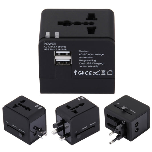 5V 2.1A Dual USB Power Socket Charger Adapter, UK / EU / US / AU Plug(Black) - Plug Adaptor by buy2fix | Online Shopping UK | buy2fix