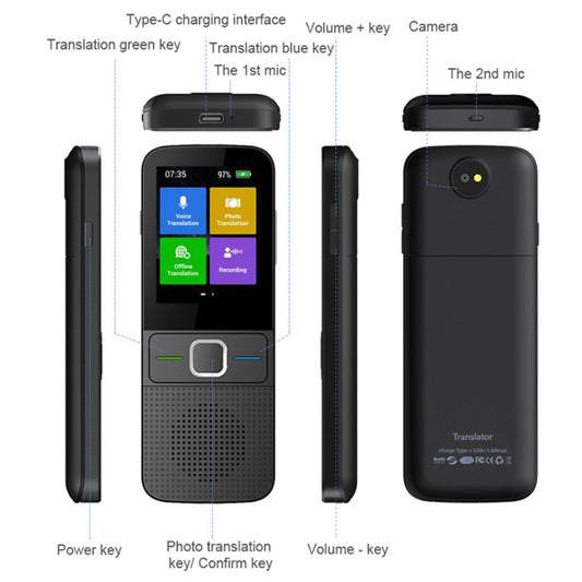T10 Portable WIFI Smart Voice Translator Smart Business Travel Real Time AI Translator Translation Machine(Black) -  by buy2fix | Online Shopping UK | buy2fix